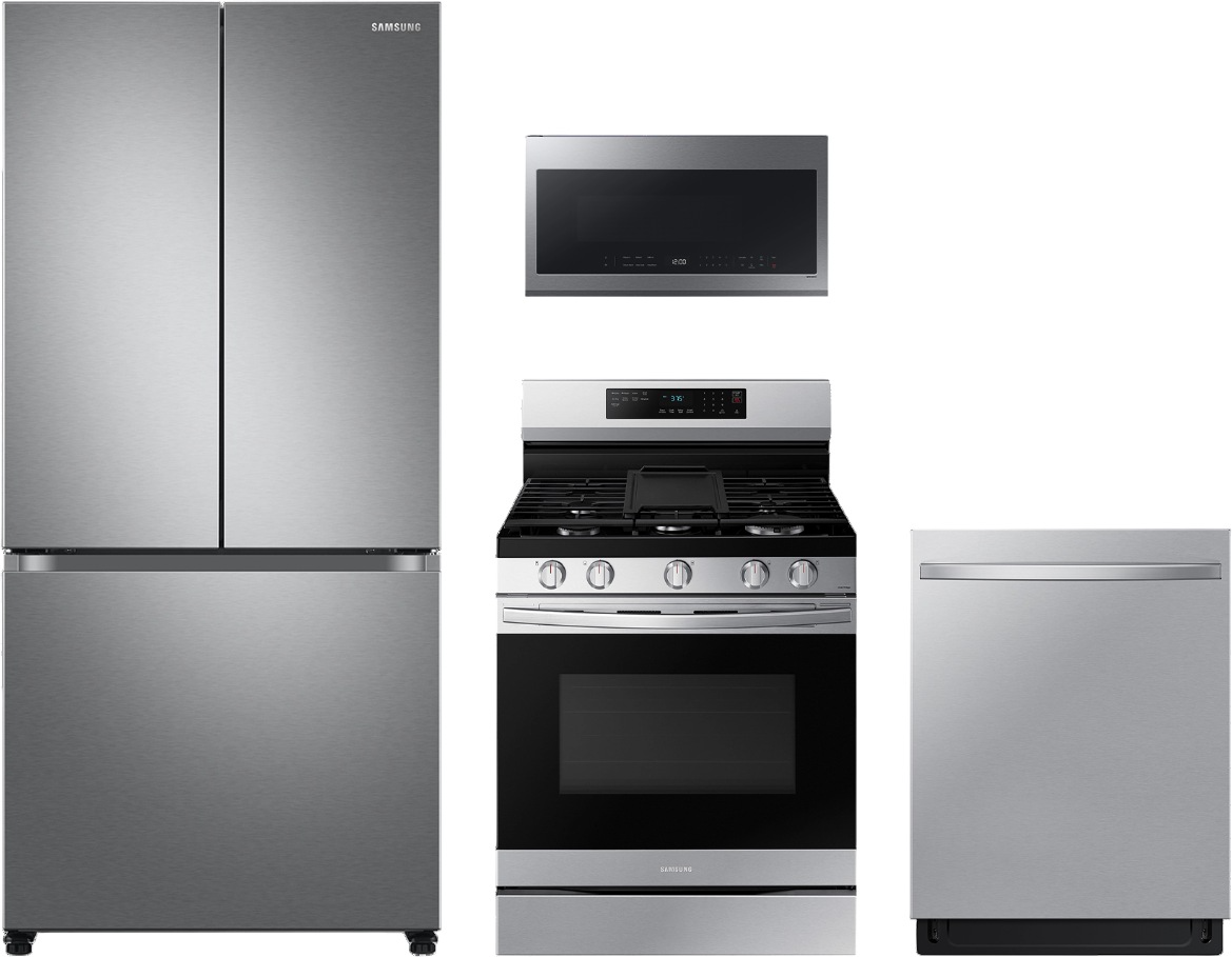 Smart Series 4-Piece Kitchen Package with Freestanding Gas Range & Counter-Depth 3-Door French Door Refrigerator
