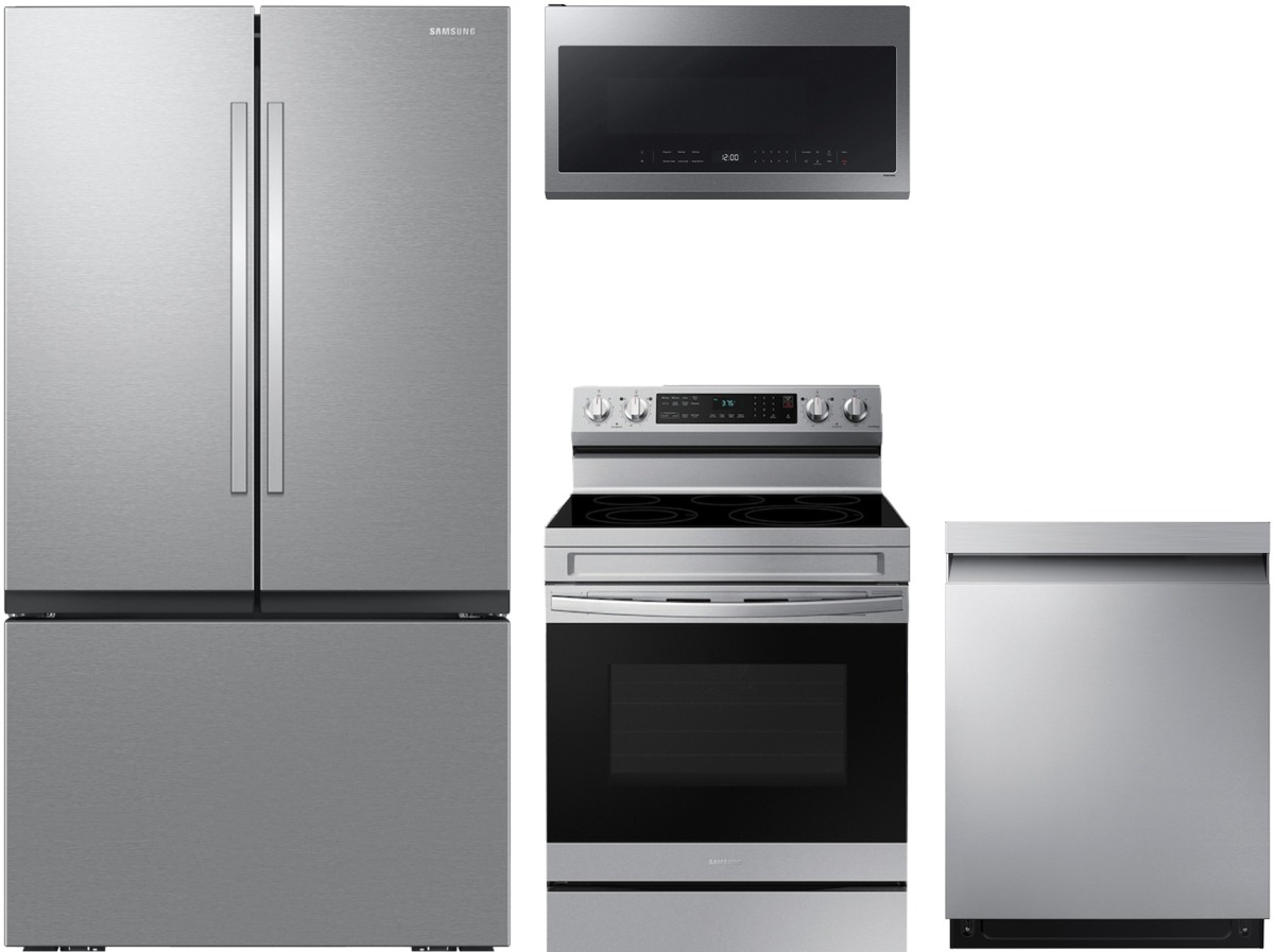 Smart Series 4-Piece Kitchen Package with Freestanding Electric Range & Large Capacity 3-Door French Door Refrigerator