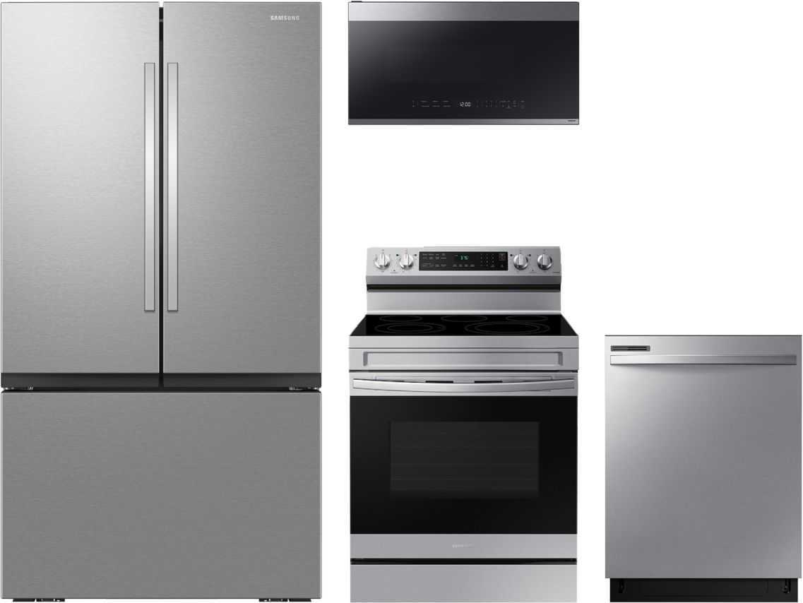 Smart Series 4-Piece Kitchen Package with Freestanding Electric Range & Large Capacity 3-Door French Door Refrigerator