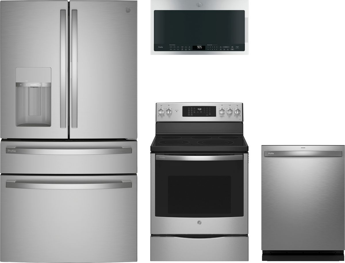 Profile Series 4-Piece Kitchen Package with Freestanding Electric Range & 4-Door French Door Refrigerator with Door-in-Door