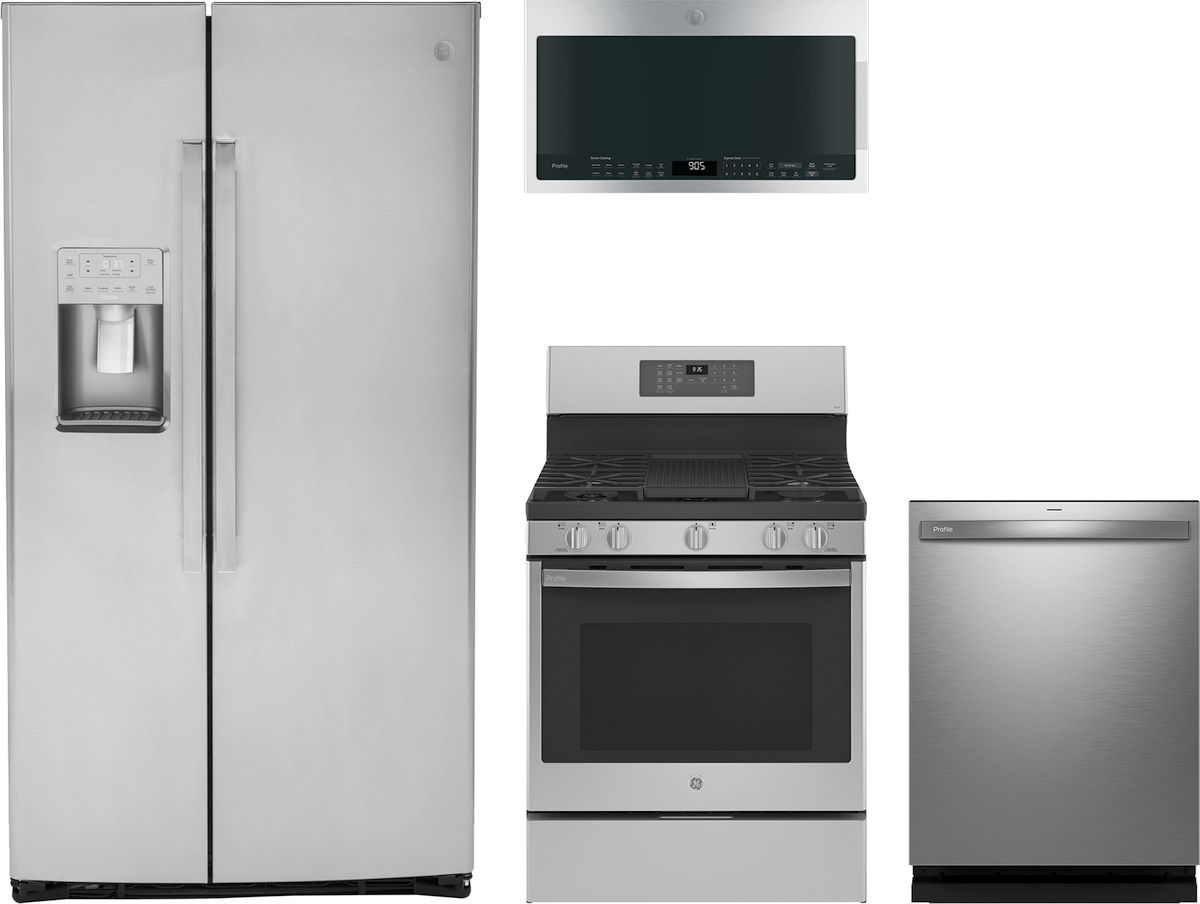 Profile Series 4-Piece Kitchen Package with Freestanding Gas Range & Side-by-Side Refrigerator
