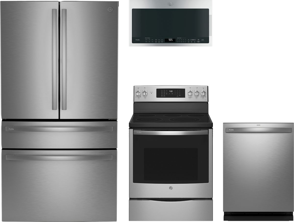 Profile Series 4-Piece Kitchen Package with Freestanding Electric Range & 4-Door French Door Refrigerator with Dual Dispenser