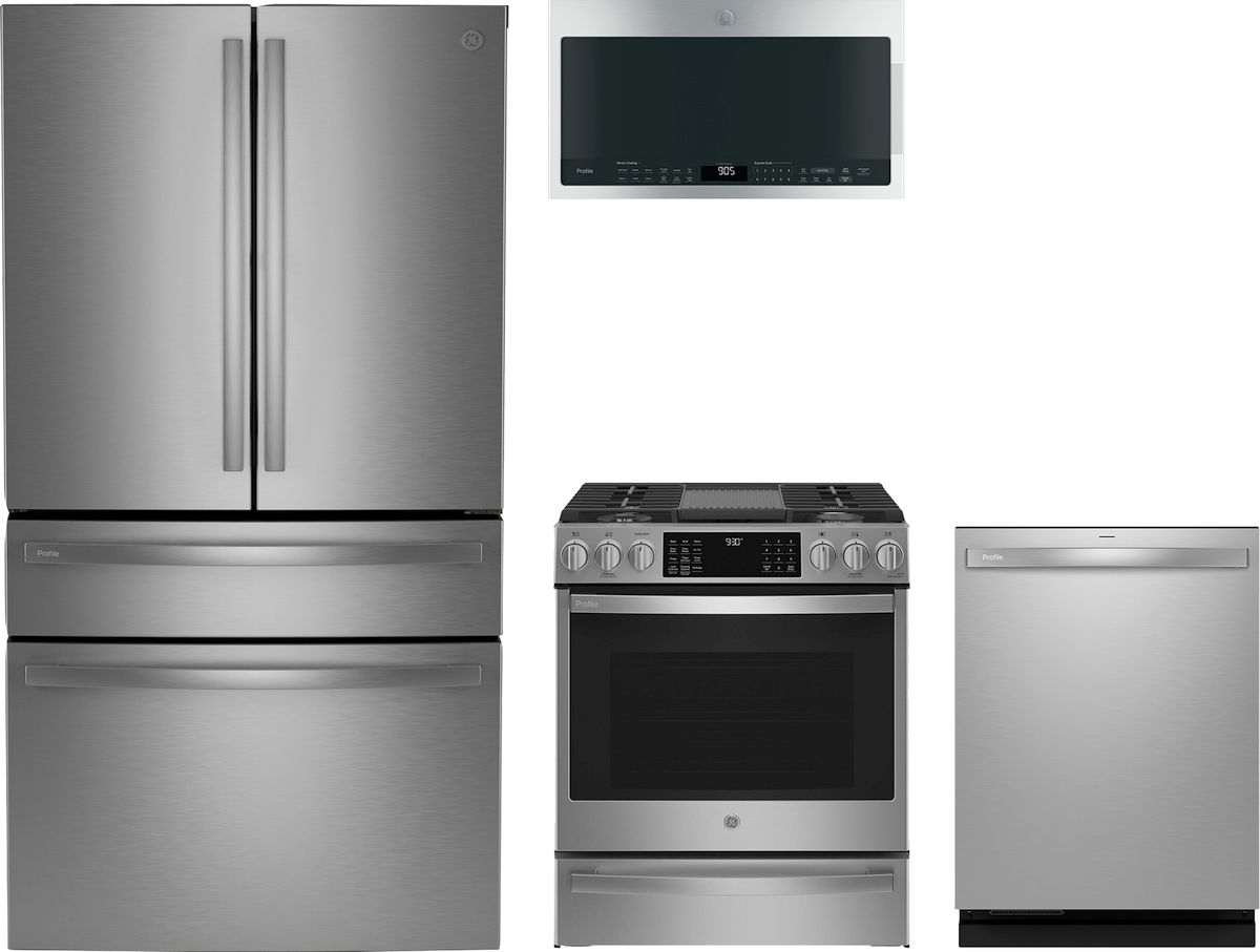 Profile Series 4-Piece Kitchen Package with Slide-In Gas Range & 4-Door French Door Refrigerator with Dual Dispenser