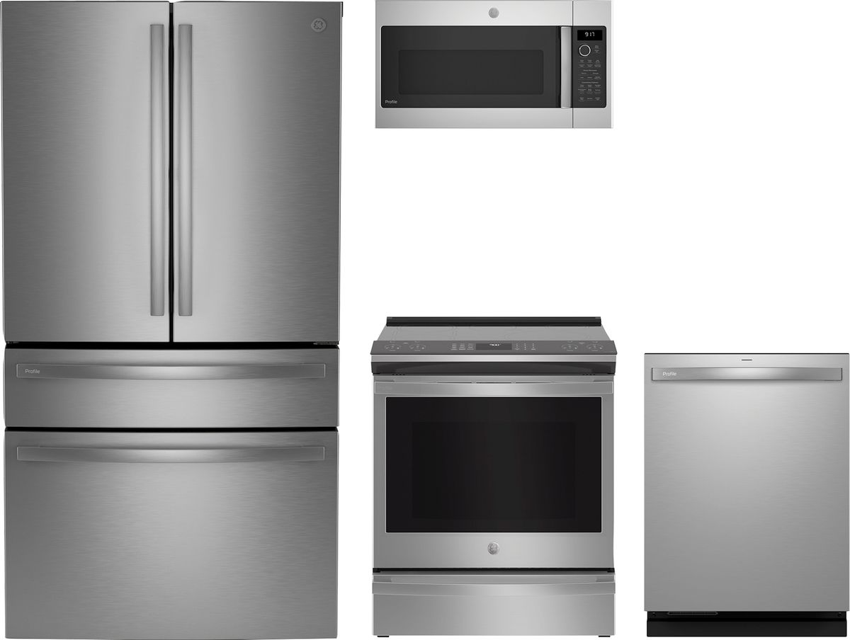 Profile Series 4-Piece Kitchen Package with Slide-In Induction Range & 4-Door French Door Refrigerator with Dual Dispenser