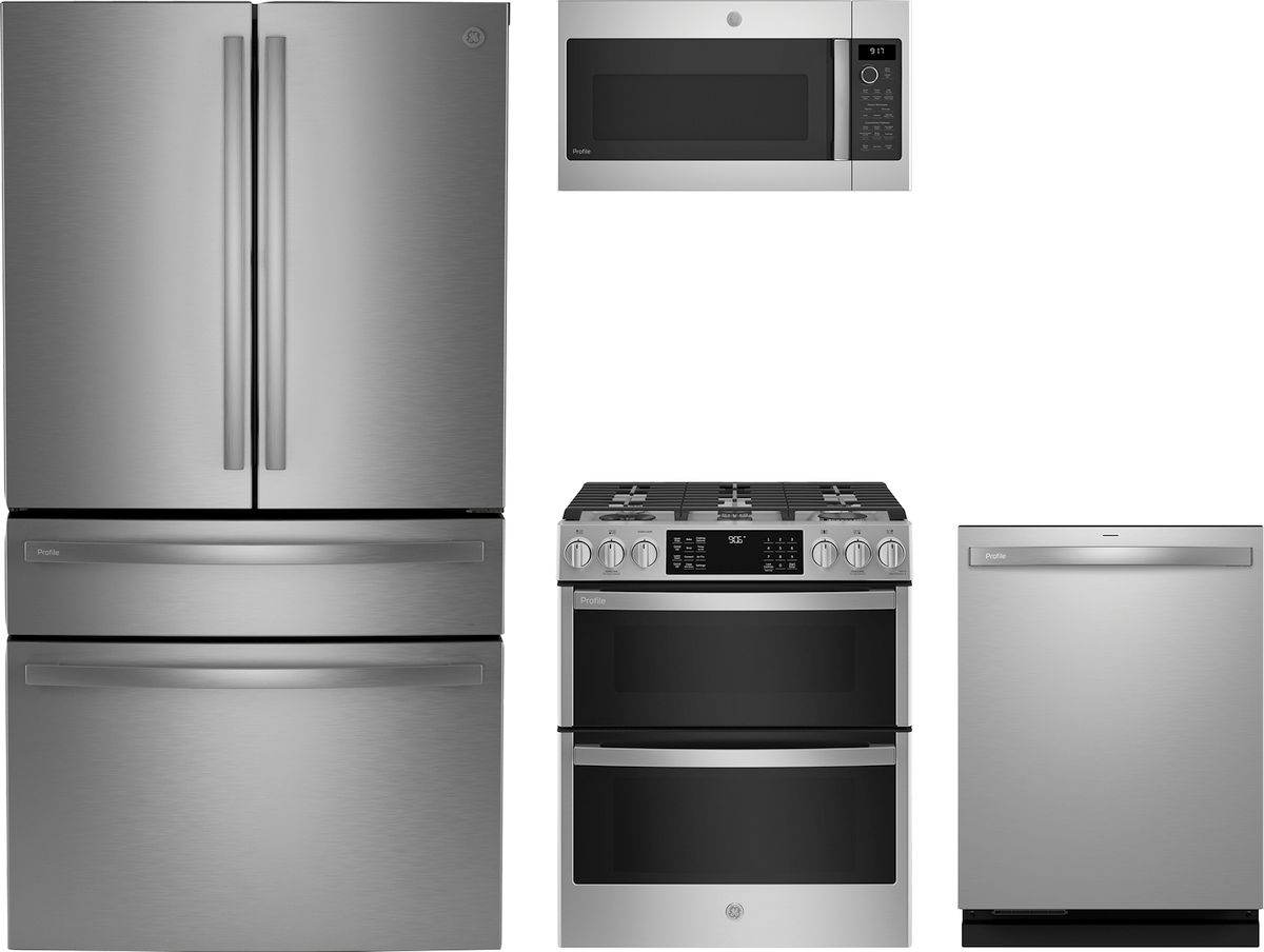 Profile Series 4-Piece Kitchen Package with Slide-In Gas Double Oven Range & 4-Door French Door Refrigerator with Dual Dispenser