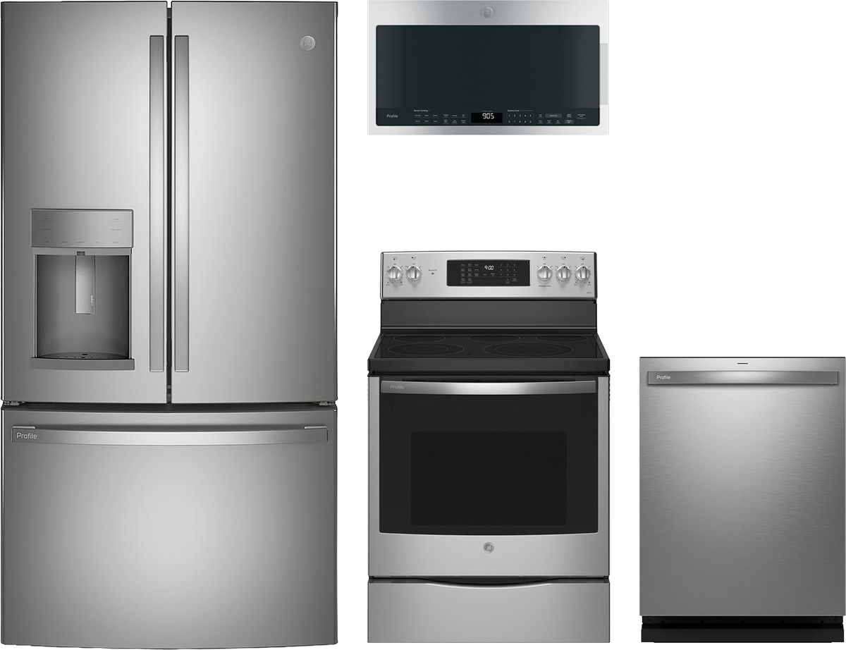 Profile Series 4-Piece Kitchen Package with Freestanding Electric Range & Counter-Depth 3-Door French Door Refrigerator