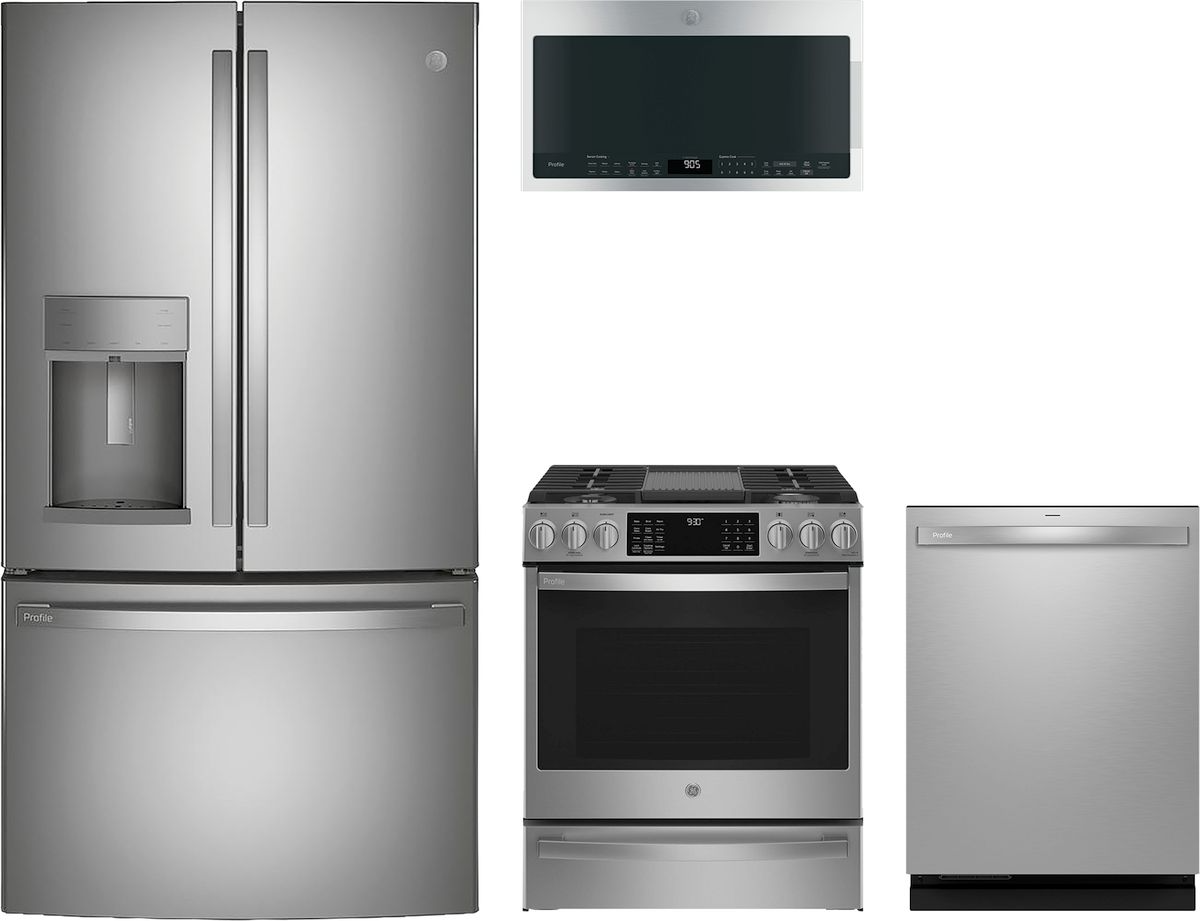 Profile Series 4-Piece Kitchen Package with Slide-In Gas Range & Counter-Depth 3-Door French Door Refrigerator