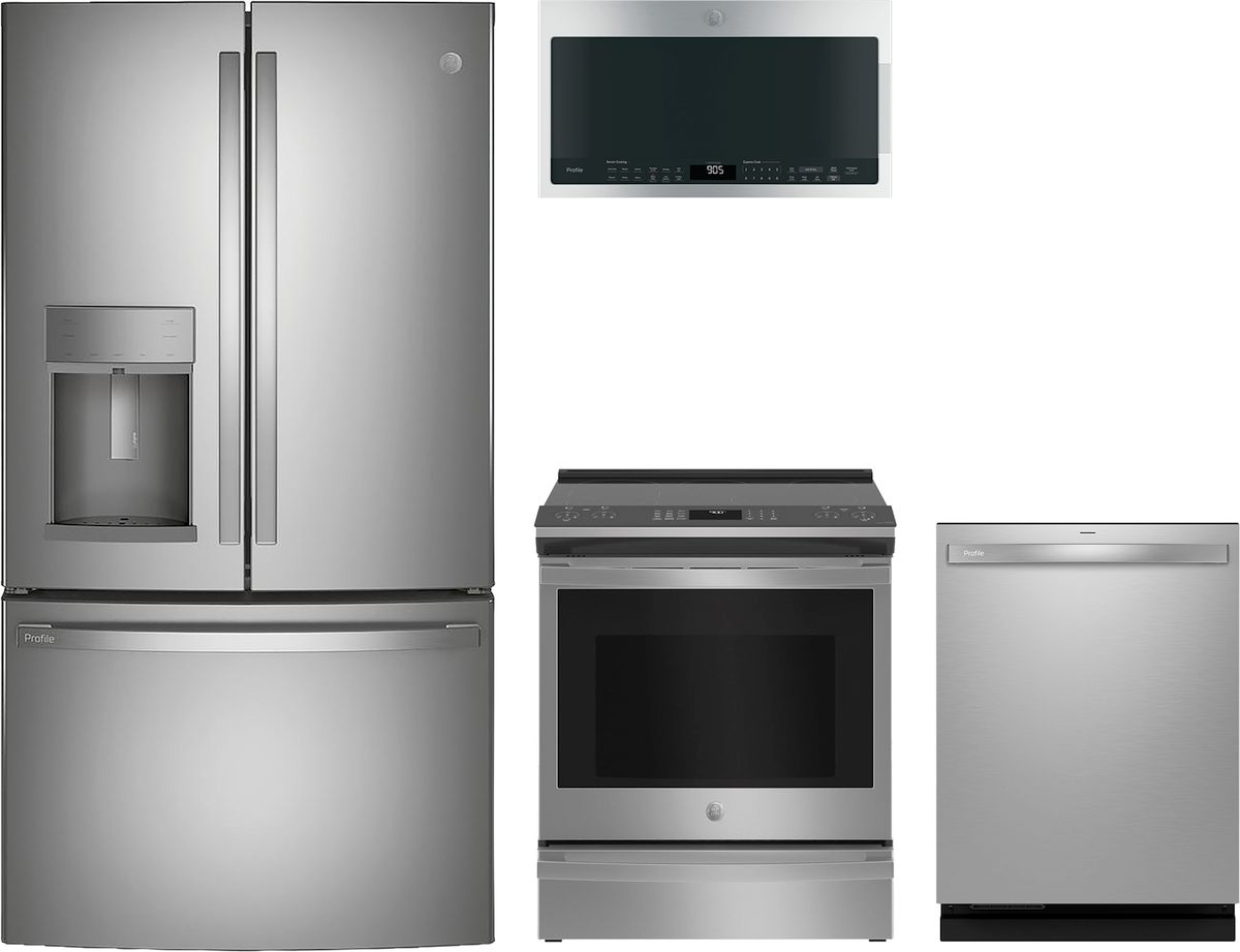 Profile Series 4-Piece Kitchen Package with Slide-In Induction Range & Counter-Depth 3-Door French Door Refrigerator