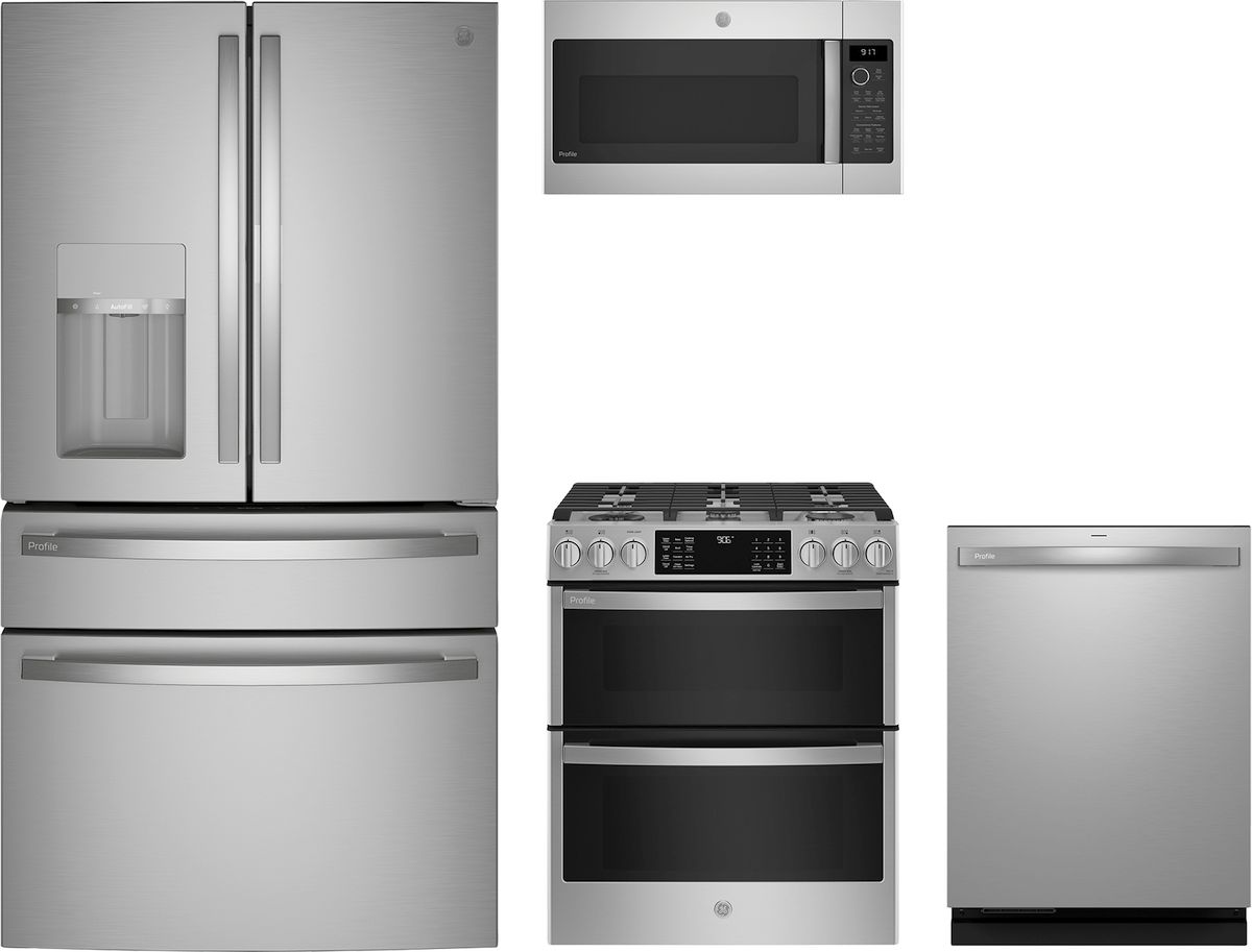 Profile Series 4-Piece Kitchen Package with Slide-In Gas Double Oven Range & 4-Door French Door Refrigerator with Door-in-Door