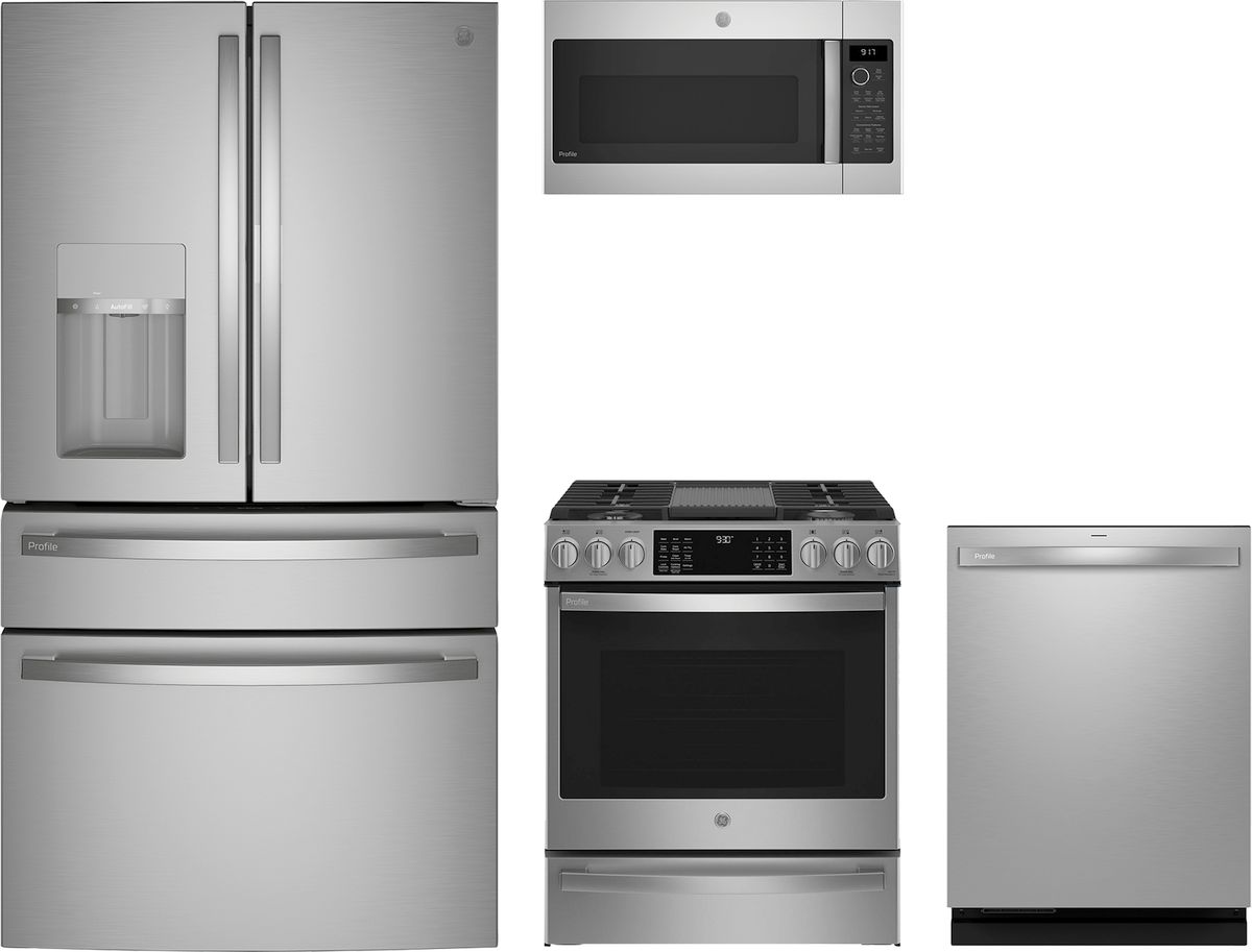 Profile Series 4-Piece Kitchen Package with Slide-In Gas Range & 4-Door French Door Refrigerator with Door-in-Door