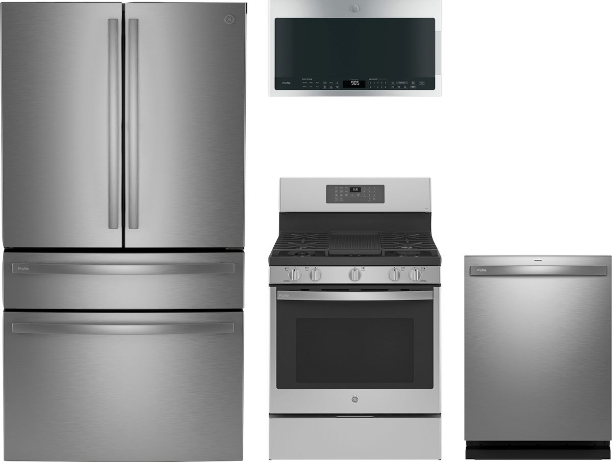 Profile Series 4-Piece Kitchen Package with Freestanding Gas Range & 4-Door French Door Refrigerator with Dual Dispenser