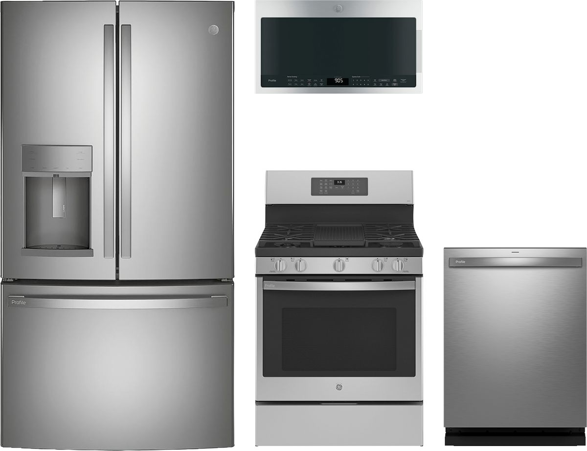 Profile Series 4-Piece Kitchen Package with Freestanding Gas Range & Counter-Depth 3-Door French Door Refrigerator