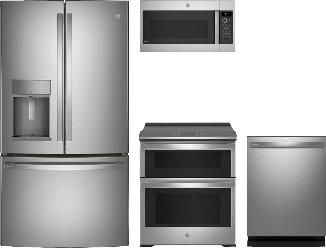 Profile Series 4-Piece Kitchen Package with Slide-In Electric Double Oven Range & Counter-Depth 3-Door French Door Refrigerator