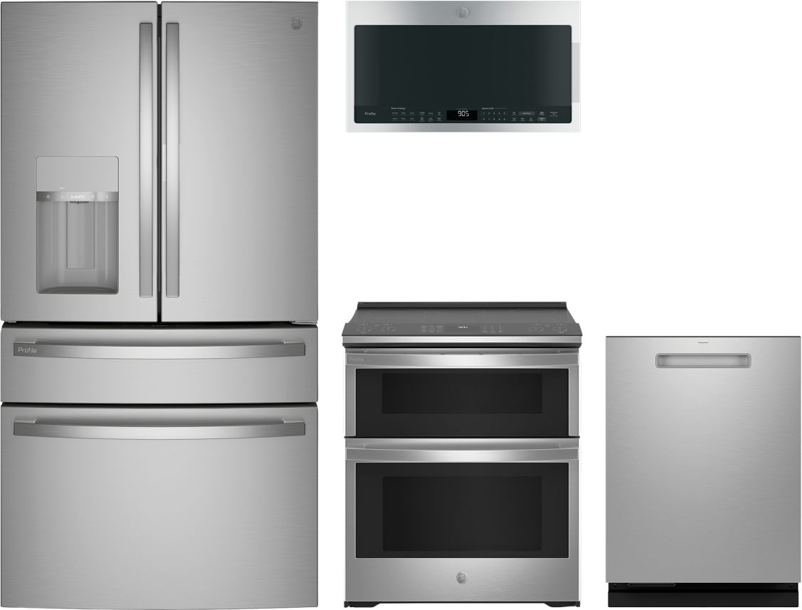 Profile Series 4-Piece Kitchen Package with Slide-In Electric Double Oven Range & 4-Door French Door Refrigerator with Door-in-Door