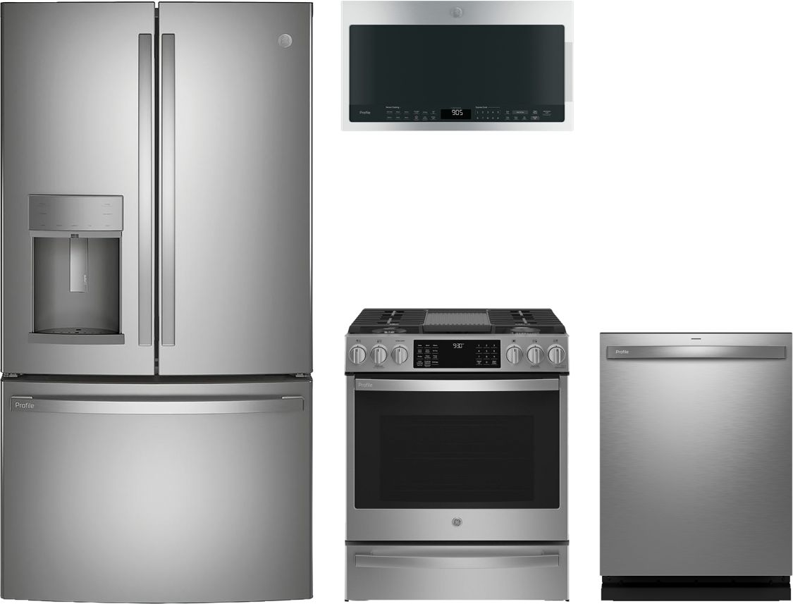 Profile Series 4-Piece Kitchen Package with Slide-In Gas Range & Counter-Depth 3-Door French Door Refrigerator