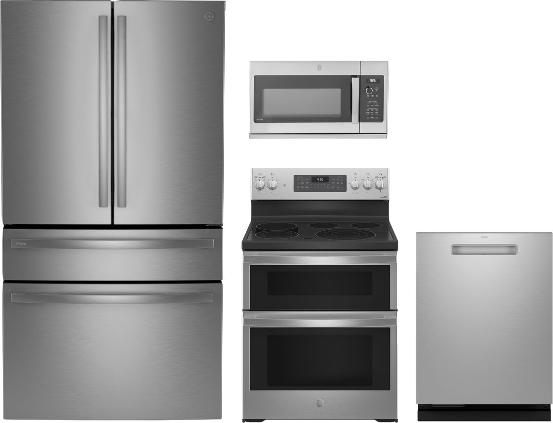 Profile Series 4-Piece Kitchen Package with Freestanding Electric Double Oven Range & 4-Door French Door Refrigerator with Dual Dispenser