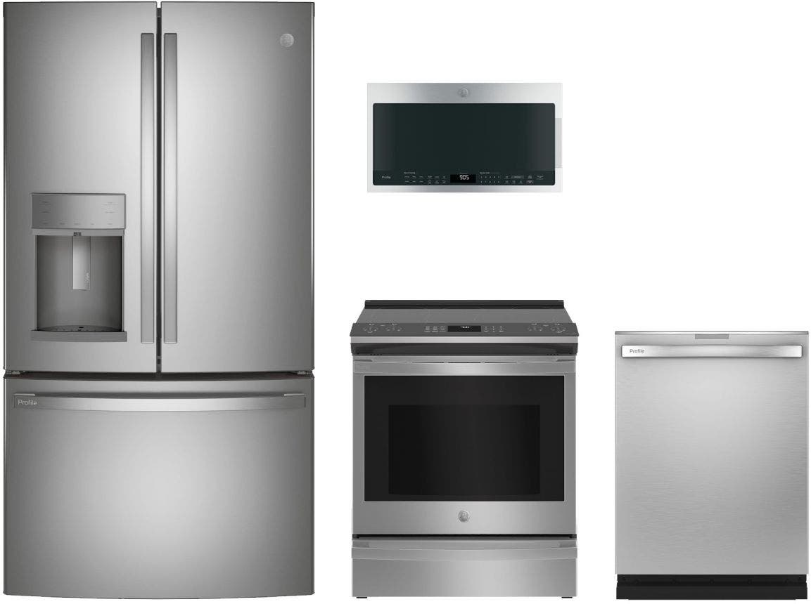 Profile Series 4-Piece Kitchen Package with Slide-In Induction Range & Counter-Depth 3-Door French Door Refrigerator