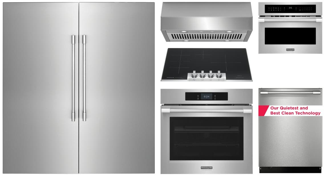 7 Piece Professional Series Stainless Steel Kitchen Package with 30" Induction Cooktop, 30" Wall Oven, 33" Full Refrigerator, 33" Freezer, 24" Dishwasher, Microwave and 30" Wall-Mount Hood