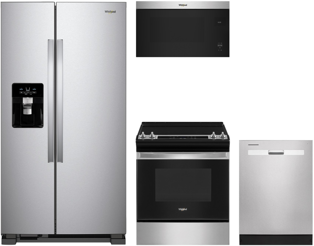 4 Piece Stainless Steel Kitchen Package with 36" Side-by-Side Refrigerator, 30" Slide-In Electric Range, 24" Dishwasher and 30" 1.1 cu. ft. Over-the-Range Microwave