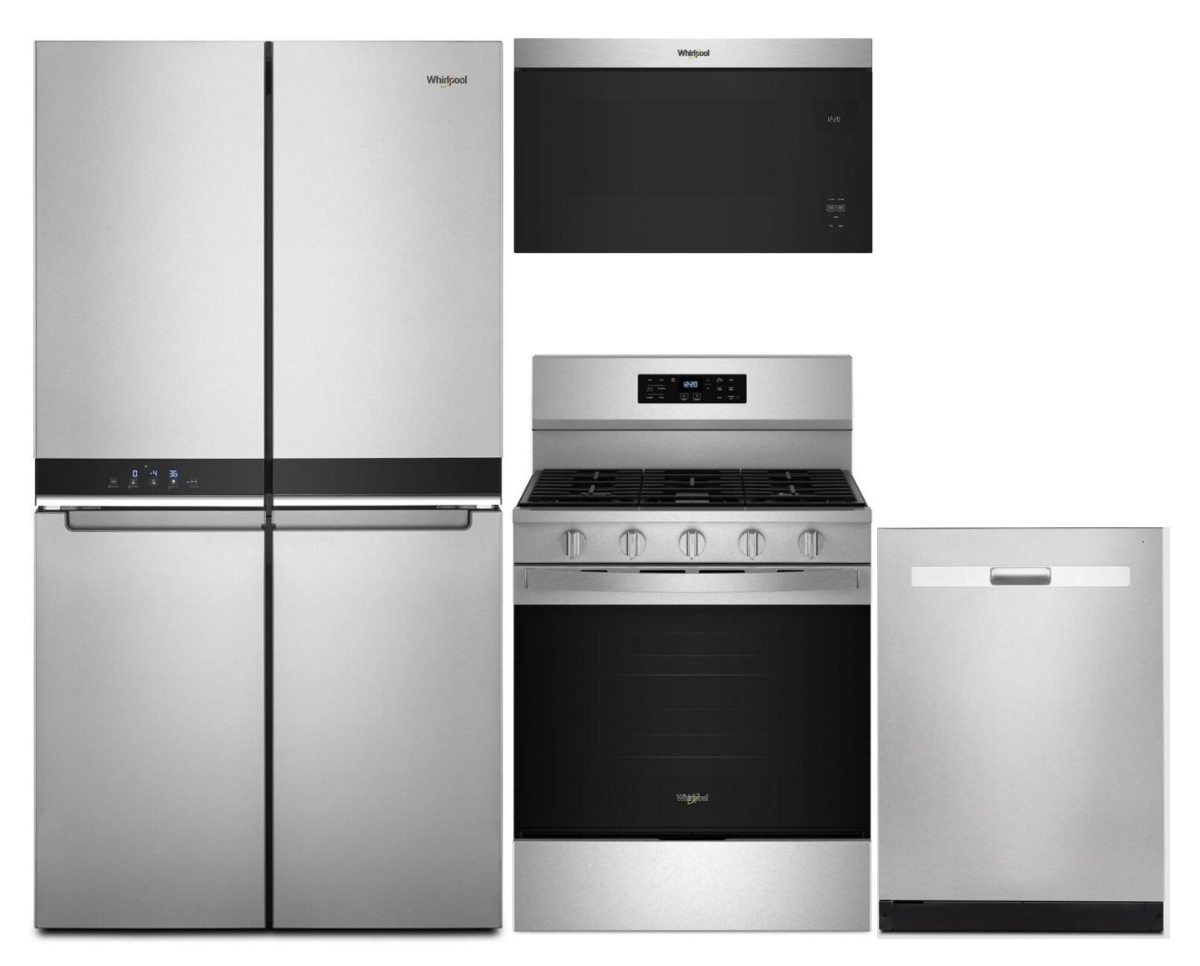 4 Piece Stainless Steel Kitchen Package with 36" Counter Depth French Door Refrigerator, 30" Gas Range, 24" Dishwasher and 30" 1.1 cu. ft. Over-the-Range Microwave