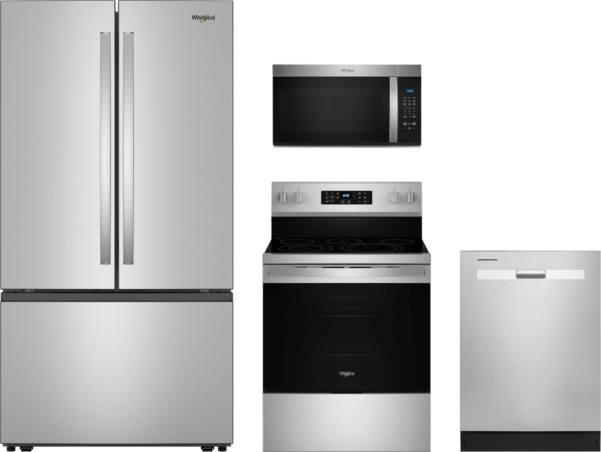 4 Piece Stainless Steel Kitchen Package with 36" French Door Refrigerator, 30" Electric Range, 24" Dishwasher and 30" 1.7 cu. ft. Over-the-Range Microwave