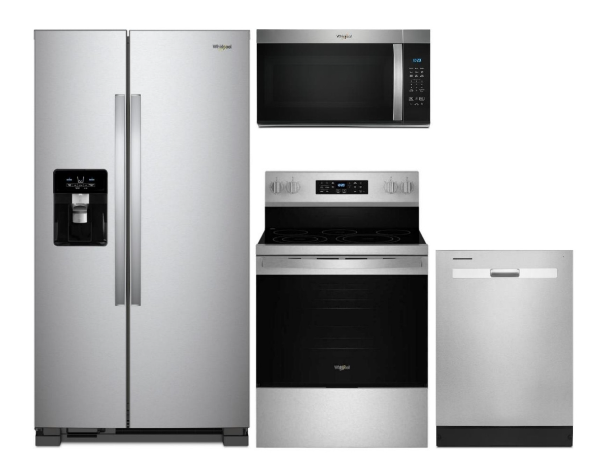 4 Piece Stainless Steel Kitchen Package with 36" Side-by-Side Refrigerator, 30" Electric Range, 24" Dishwasher and 30" 1.7 cu. ft. Over-the-Range Microwave