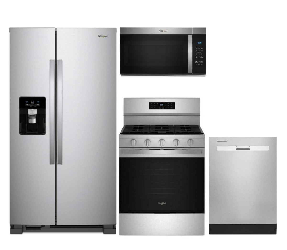 4 Piece Stainless Steel Kitchen Package with 36" Side-by-Side Refrigerator, 30" Gas Range, 24" Dishwasher and 30" 1.7 cu. ft. Over-the-Range Microwave