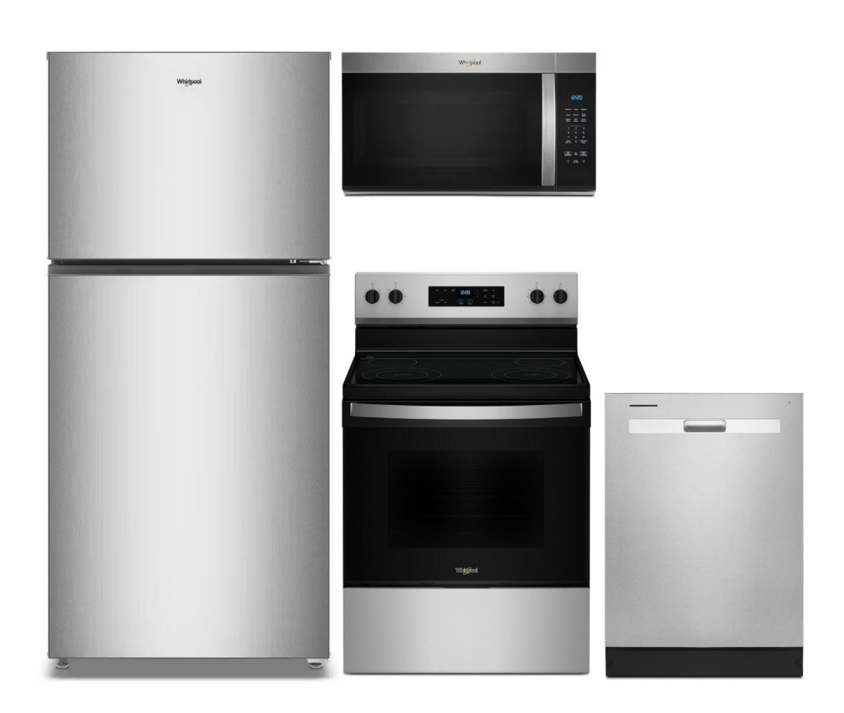 4 Piece Stainless Steel Kitchen Package with 30" Top Freezer Refrigerator, 30" Electric Range, 24" Dishwasher and 30" 1.7 cu. ft. Over-the-Range Microwave