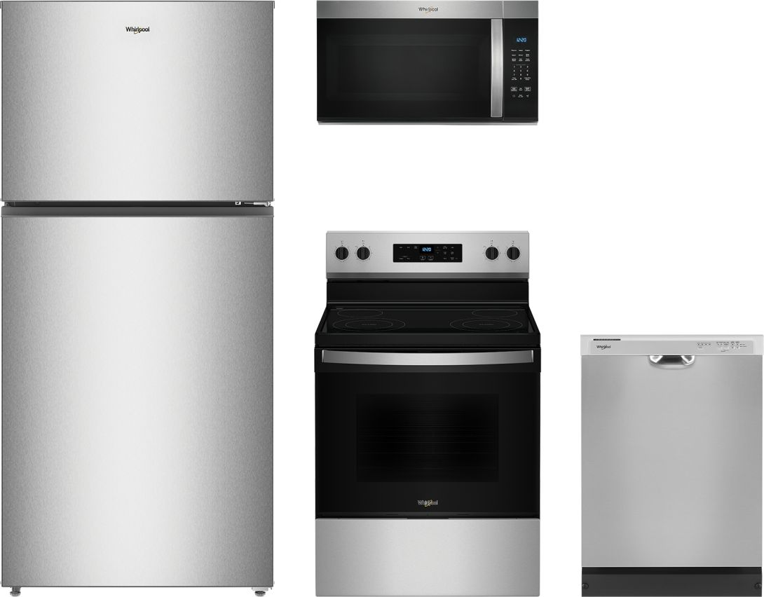 4 Piece Stainless Steel Kitchen Package with 30" Top Freezer Refrigerator, 30" Electric Range, 24" Dishwasher and 30" 1.7 cu. ft. Over-the-Range Microwave