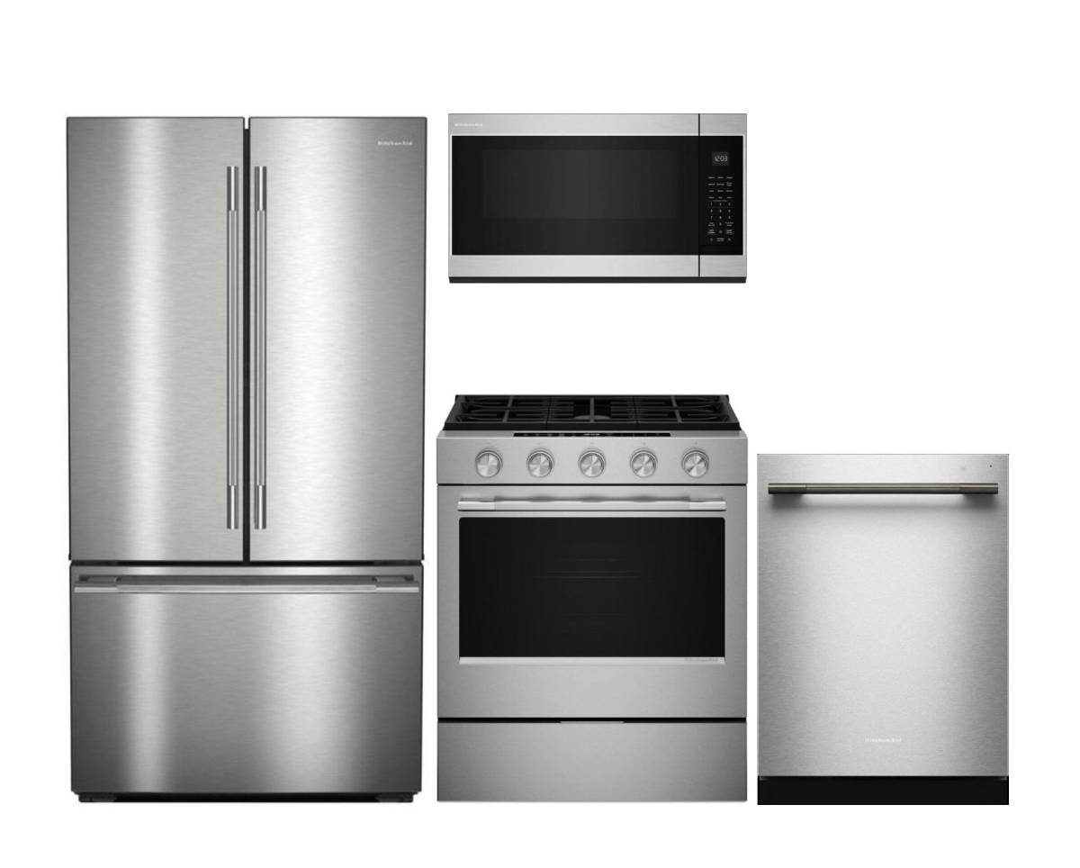 4 Piece Stainless Steel Kitchen Package with 36" Counter Depth French Door Refrigerator, 30" Slide-In Gas Range, 24" Dishwasher and 30" 1.9 cu. ft. Over-the-Range Microwave