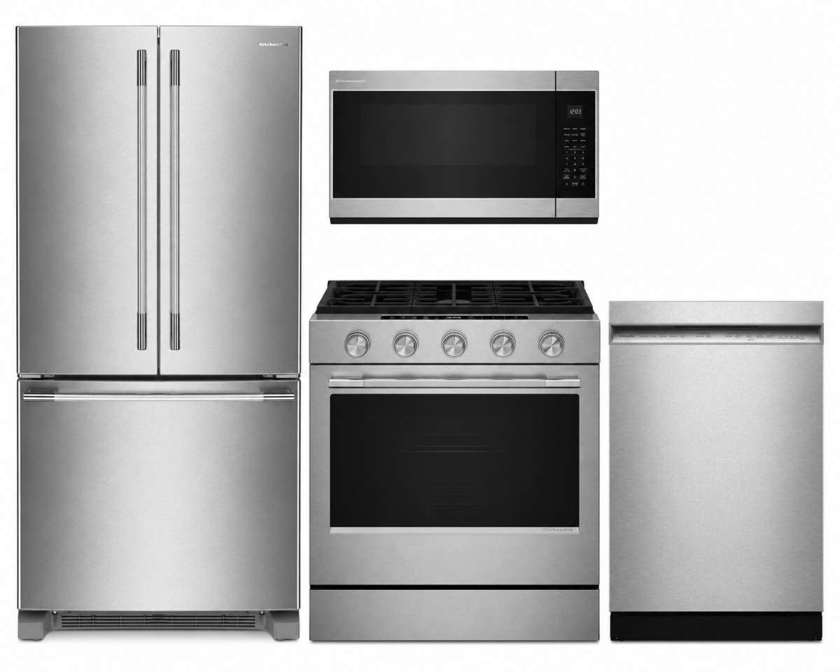 4 Piece Stainless Steel Kitchen Package with 36" Counter Depth French Door Refrigerator, 30" Slide-In Gas Range, 24" Dishwasher and 30" 1.9 cu. ft. Over-the-Range Microwave