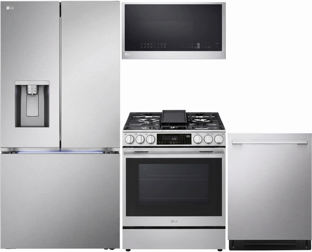 4 Piece Stainless Steel Kitchen Package with 36" Counter Depth French Door Refrigerator, 30" Slide-In Gas Range, 24" Fully Integrated Dishwasher and 30" 1.7 cu. ft. Over-the-Range Microwave