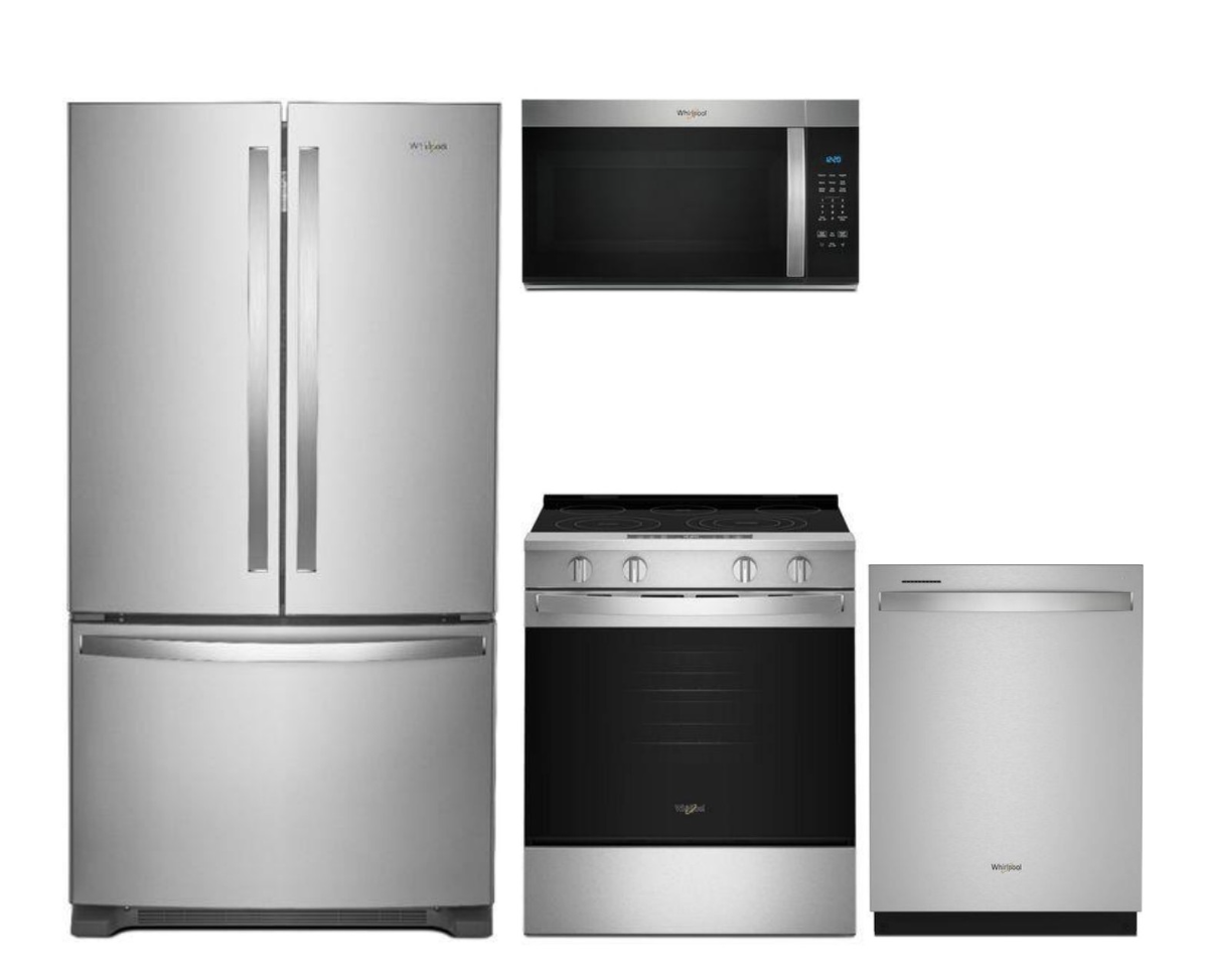 4 Piece Stainless Steel Kitchen Package with 36" Counter Depth French Door Refrigerator, 30" Slide-In Electric Range, 24" Dishwasher and 30" 1.7 cu. ft. Over-the-Range Microwave