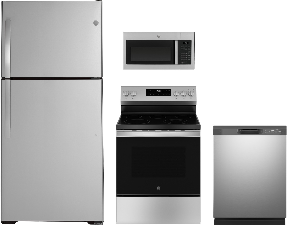 4 Piece 500 Series Stainless Steel Kitchen Package with 33" Top Freezer Refrigerator, 30" Electric Range, 24" Fully Integrated Dishwasher and 30" 1.6 cu. ft. Over-the-Range Microwave