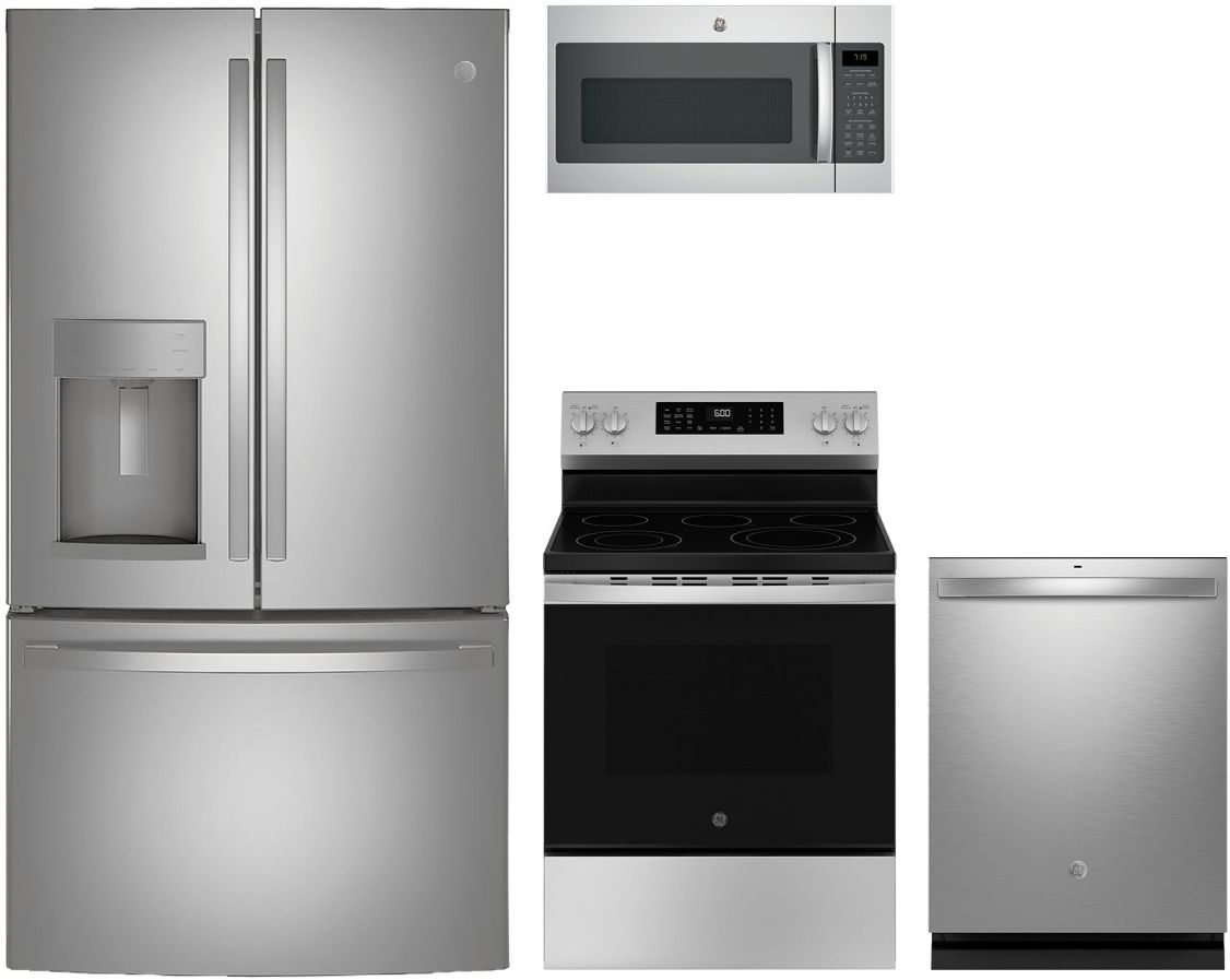 4 Piece Stainless Steel Kitchen Package with 36" French Door Refrigerator, 30" Electric Range, 24" Dishwasher and 30" 1.9 cu. ft. Over-the-Range Microwave