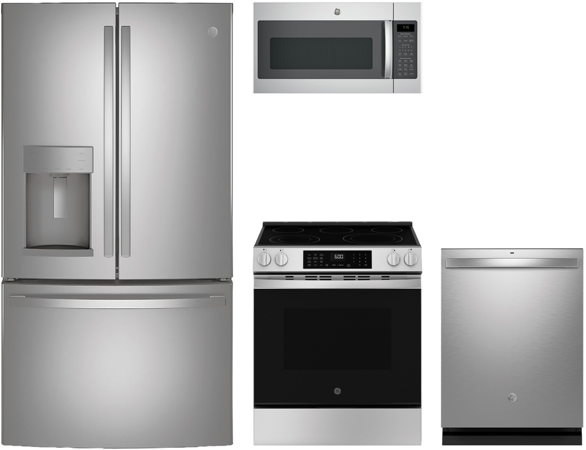 4 Piece Stainless Steel Kitchen Package with 36" French Door Refrigerator, 30" Slide-In Electric Range, 24" Dishwasher and 30" 1.9 cu. ft. Over-the-Range Microwave