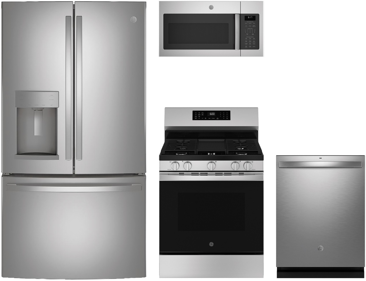 4 Piece Stainless Steel Kitchen Package with 36" French Door Refrigerator, 30" Gas Range, 24" Dishwasher and 30" 1.7 cu. ft. Over-the-Range Microwave