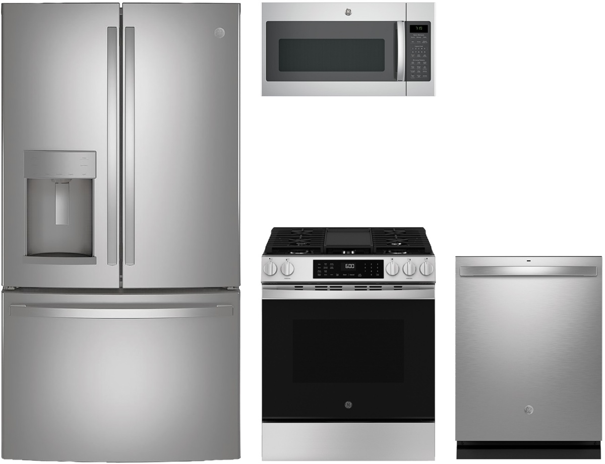 4 Piece Stainless Steel Kitchen Package with 36" French Door Refrigerator, 30" Slide-In Gas Range, 24" Dishwasher and 30" 1.9 cu. ft. Over-the-Range Microwave
