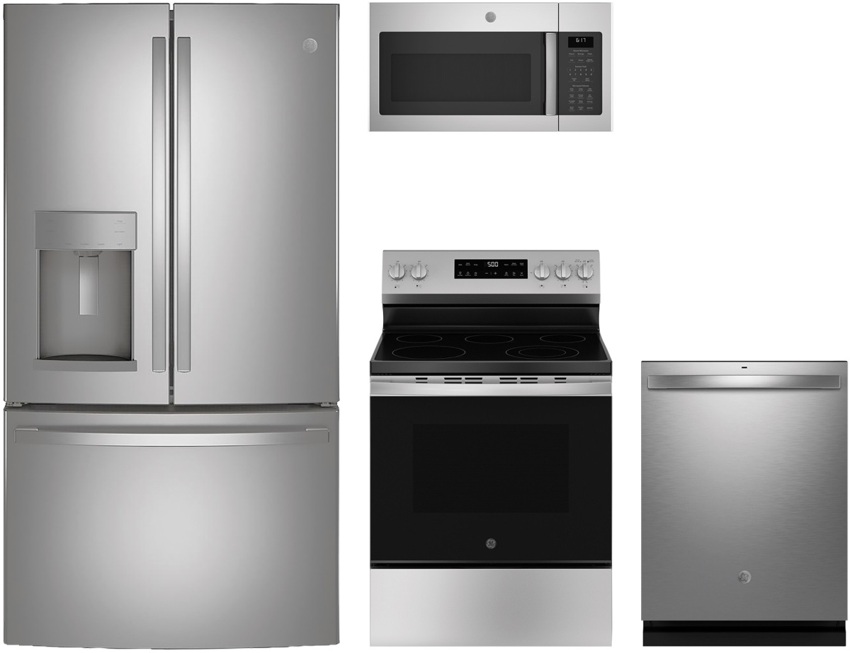4 Piece 500 Series Stainless Steel Kitchen Package with 36" French Door Refrigerator, 30" Electric Range, 24" Dishwasher and 30" 1.7 cu. ft. Over-the-Range Microwave