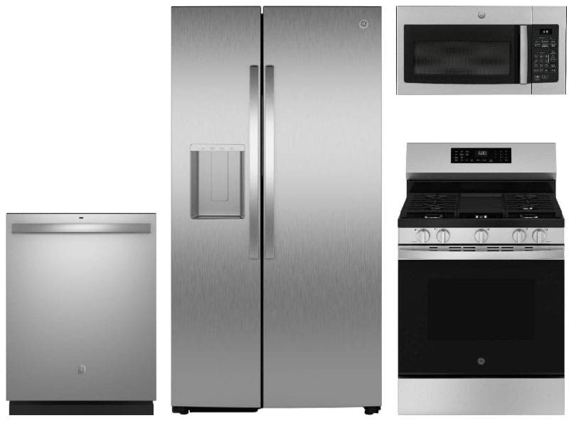 4 Piece Stainless Steel Kitchen Package with 36" Side-by-Side Refrigerator, 30" Gas Range, 24" Fully Integrated Dishwasher and 30" 1.6 cu. ft. Over-the-Range Microwave