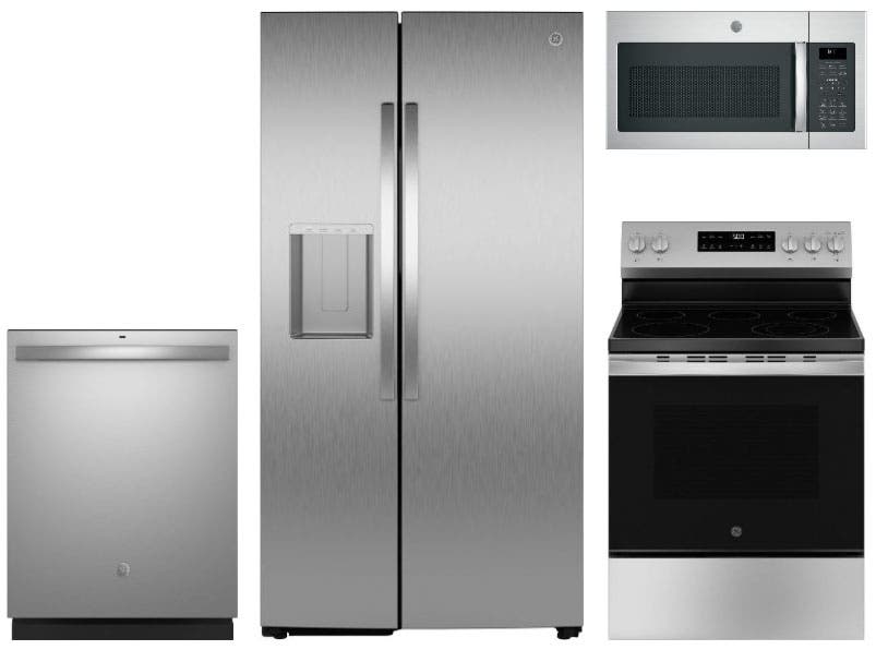 4 Piece 500 Series Stainless Steel Kitchen Package with 36" Side-by-Side Refrigerator, 30" Electric Range, 24" Fully Integrated Dishwasher and 30" 1.7 cu. ft. Over-the-Range Microwave