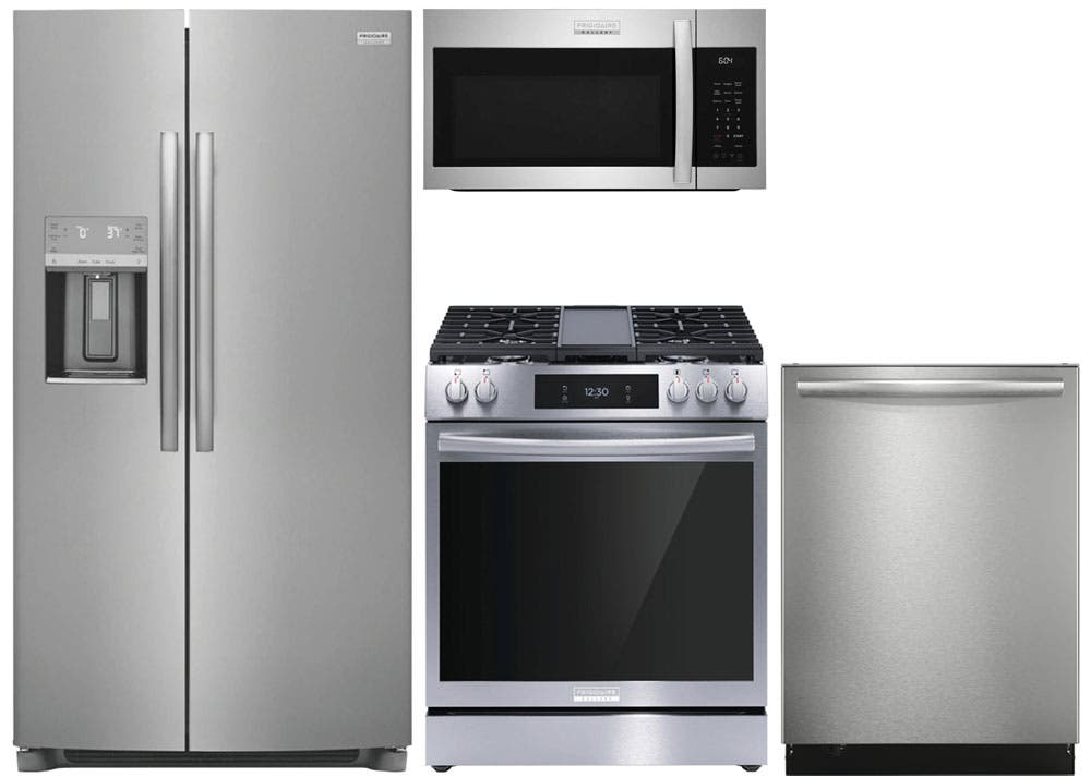 4 Piece Gallery Series Stainless Steel Kitchen Package with 36" Side-by-Side Refrigerator, 30" Gas Range, 24" Dishwasher and 30" 1.9 cu. ft. Over-the-Range Microwave