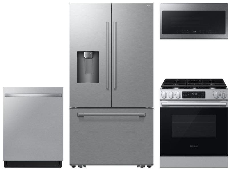 4 Piece Stainless Steel Kitchen Package with 36" French Door Refrigerator, 30" Slide-In Gas Range, 24" Dishwasher and 2.1 cu. ft. Over-the-Range Microwave