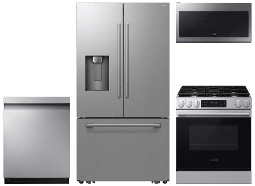 4 Piece Stainless Steel Kitchen Package with 36" Counter Depth French Door Refrigerator, 30" Slide-In Gas Range, 24" Dishwasher and 2.1 cu. ft. Over-the-Range Microwave