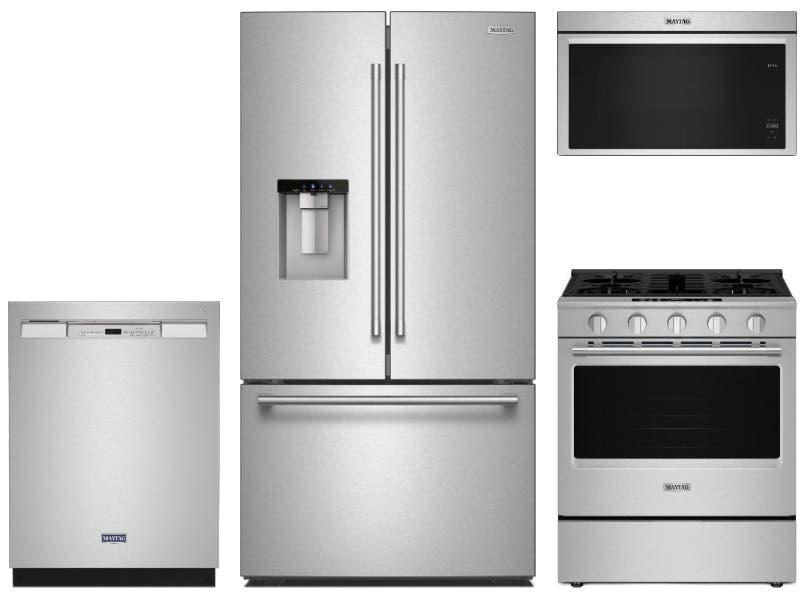 4 Piece Stainless Steel Kitchen Package with 36" French Door Refrigerator, 30" Slide-In Gas Range, 24" Dishwasher and 30" 1.1 cu. ft. Over-the-Range Microwave