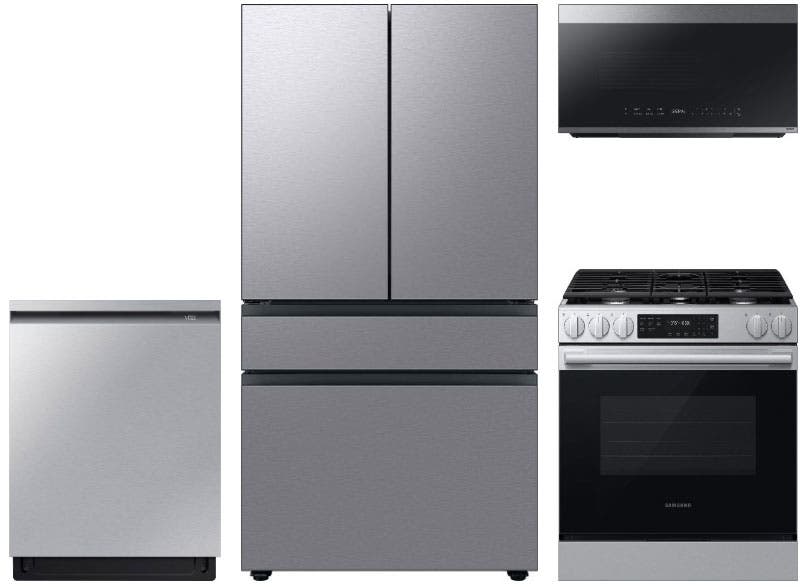 4 Piece Stainless Steel Kitchen Package with 36" Counter Depth French Door Refrigerator, 30" Slide-In Gas Range, 24" Dishwasher and 2.1 cu. ft. Over-the-Range Microwave