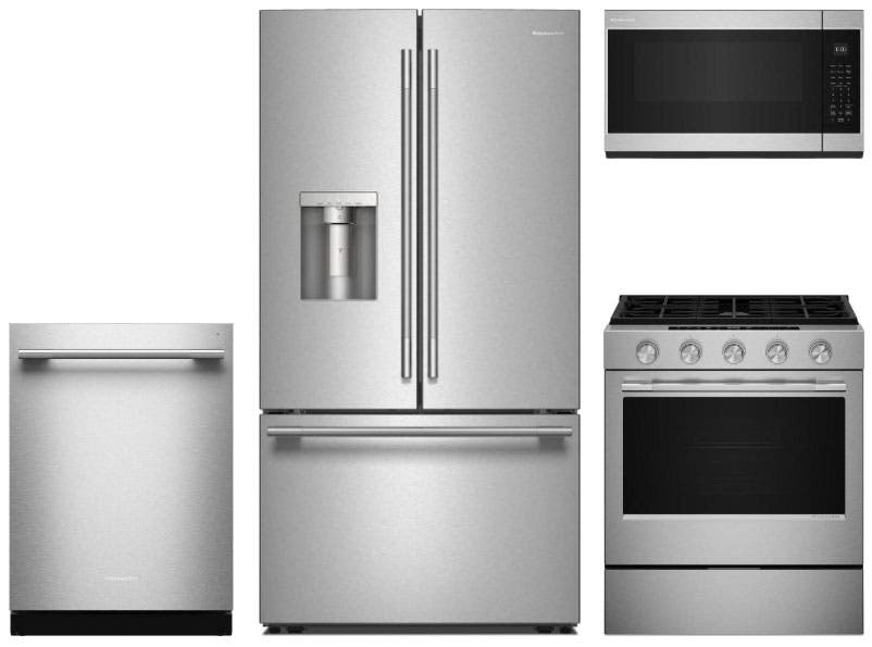4 Piece Stainless Steel Kitchen Package with 36" French Door Refrigerator, 30" Slide-In Gas Range, 24" Dishwasher and 30" 1.9 cu. ft. Over-the-Range Microwave