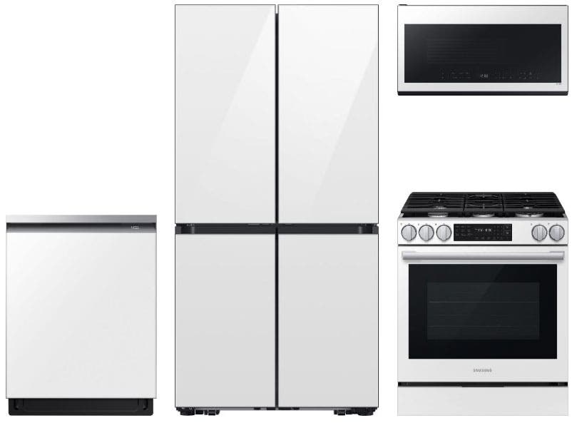 4 Piece White Kitchen Package with 36" Counter Depth French Door Refrigerator, 30" Slide-In Gas Range, 24" Dishwasher and 2.1 cu. ft. Over-the-Range Microwave