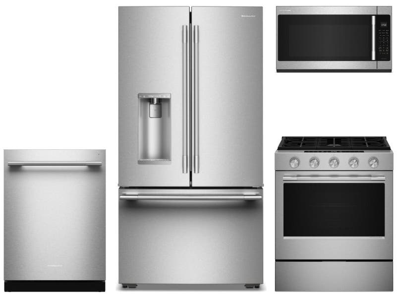 4 Piece Stainless Steel Kitchen Package with 36" Counter Depth French Door Refrigerator, 30" Slide-In Gas Range, 24" Dishwasher and 30" 2.1 cu. ft. Over-the-Range Microwave