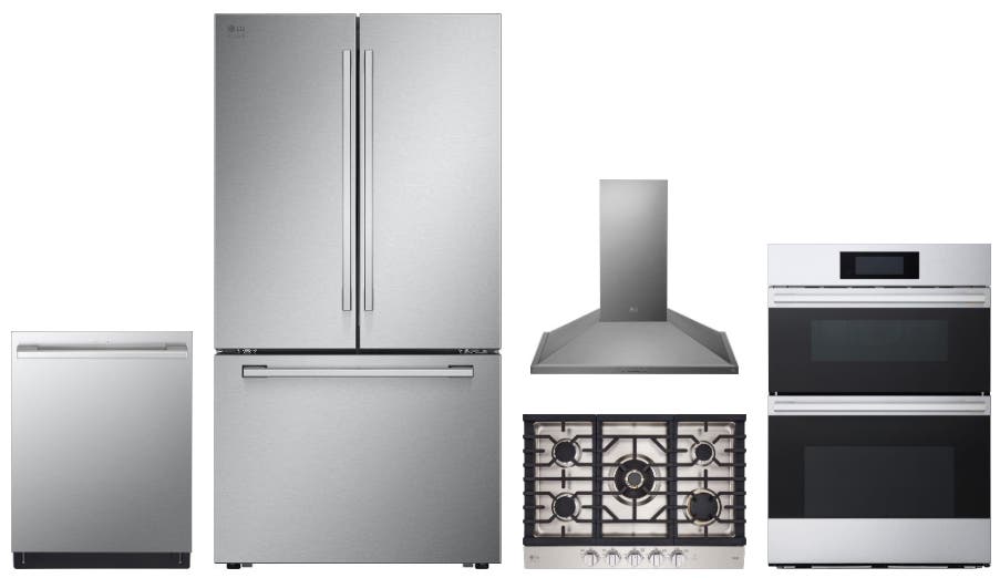 5 Piece Stainless Steel Kitchen Package with 36" Counter Depth French Door Refrigerator, 30" Gas Cooktop, Wall Oven, 24" Fully Integrated Dishwasher and 30" Wall-Mount Hood